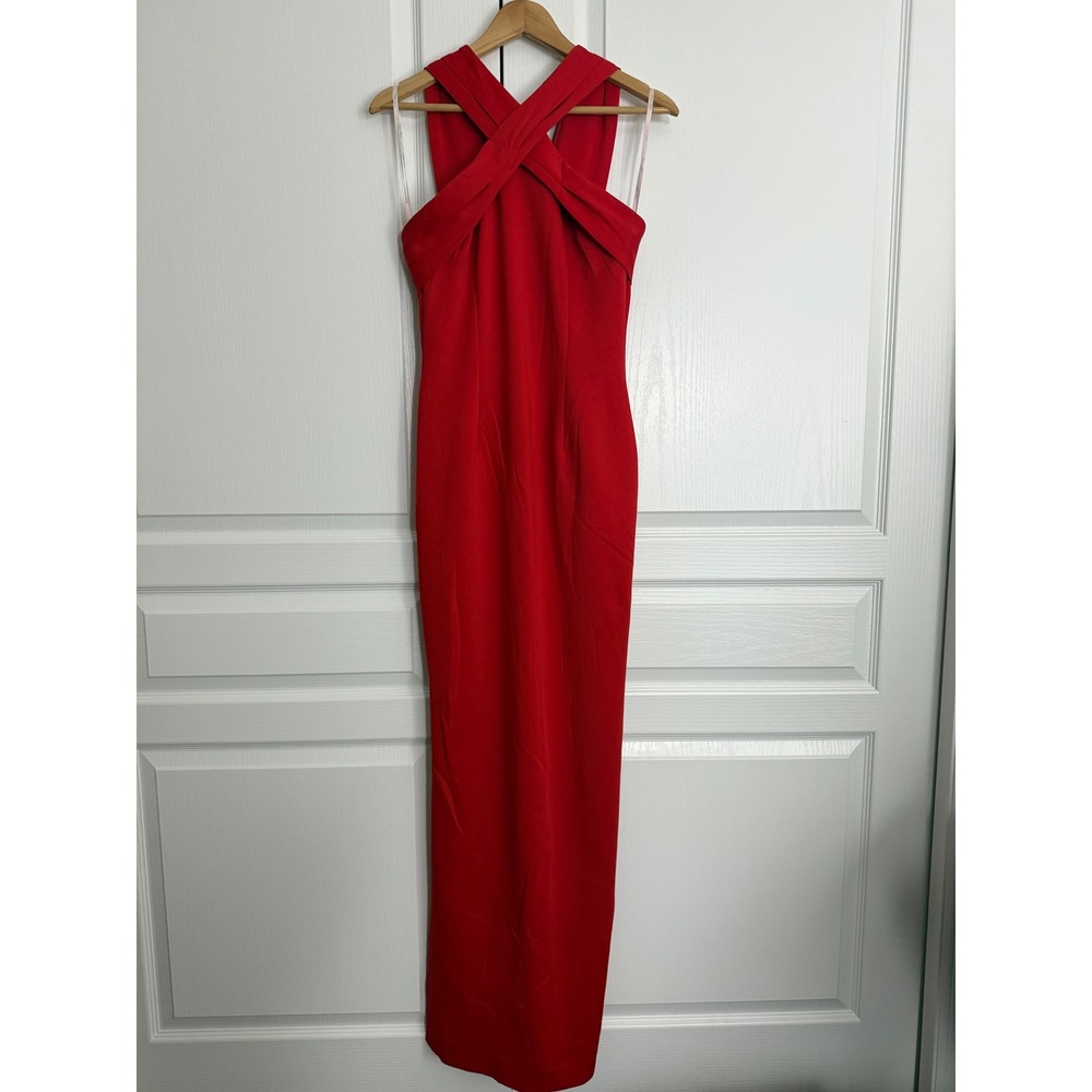 Calvin Klein Red Cross Halter Column Gown Size 4 Formal Evening Dress Maxi Slit